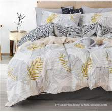 100% Natural Cotton White King Size Gold Tropical Leaves Print Bedding with Zipper Ties